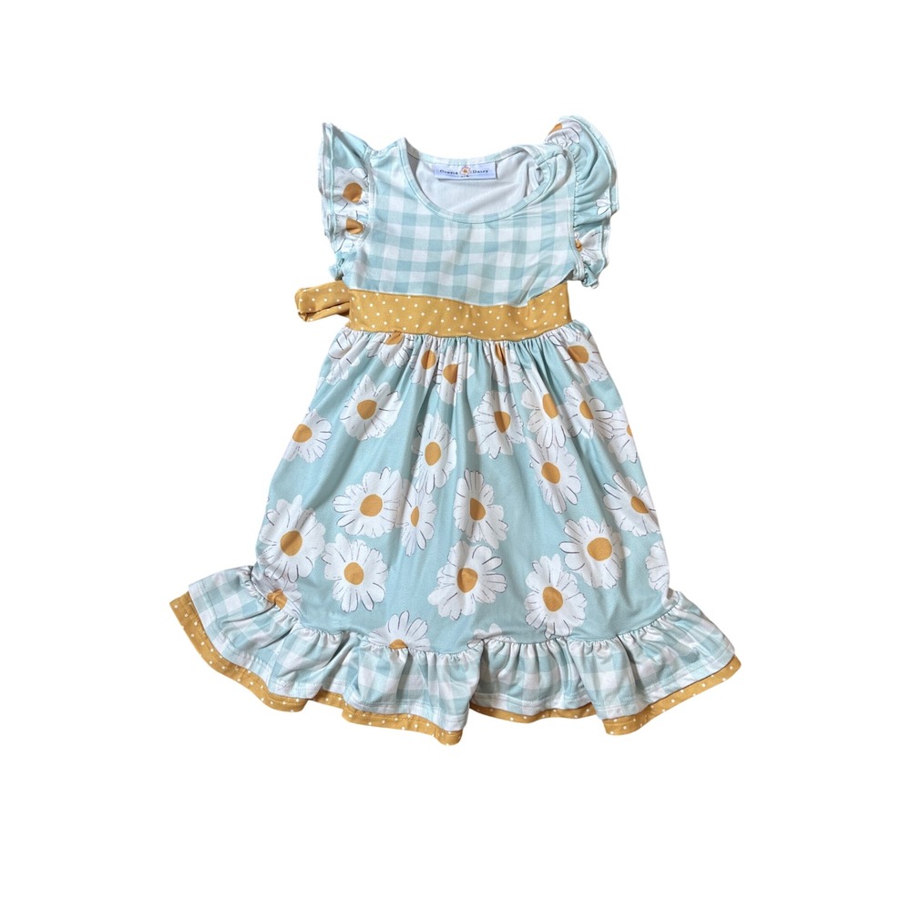 Oopsie Daisy Dress Kids Blue Gingham Floral Ruffle Sash SIZE 5/6
